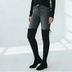 Black Faux Suede Over the Knee Boots Women's 6.5 Side Zip Lace Up Flat Heel